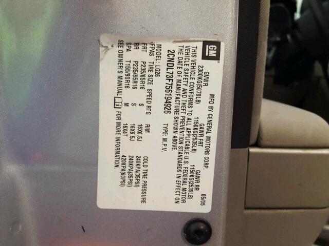 2CNDL73F756194926 - 2005 CHEVROLET EQUINOX LT SILVER photo 10