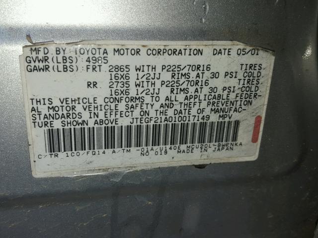 JTEGF21A010017149 - 2001 TOYOTA HIGHLANDER SILVER photo 10