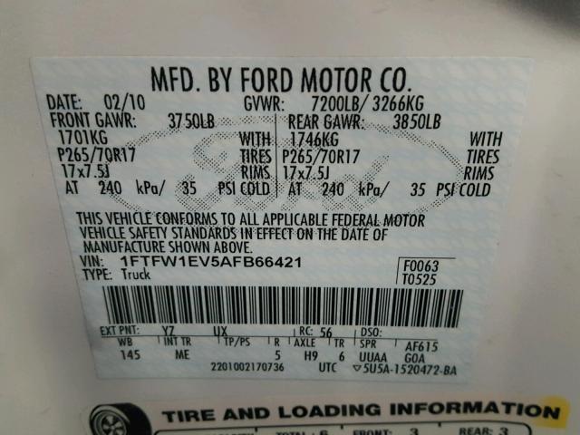 1FTFW1EV5AFB66421 - 2010 FORD F150 SUPER WHITE photo 10