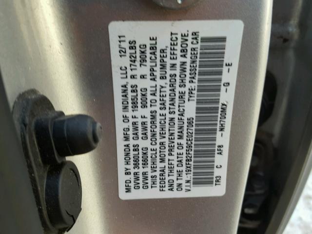 19XFB2F59CE027065 - 2012 HONDA CIVIC LX SILVER photo 10