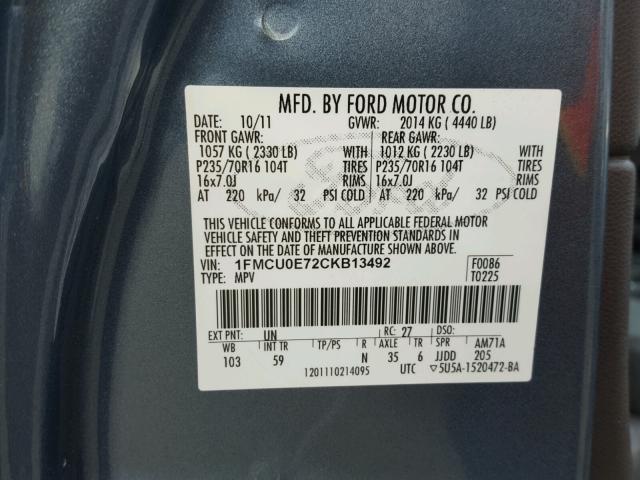 1FMCU0E72CKB13492 - 2012 FORD ESCAPE LIM BLUE photo 10