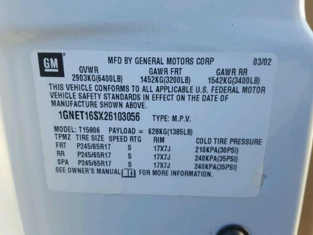 1GNET16SX26103056 - 2002 CHEVROLET TRAILBLAZE WHITE photo 10