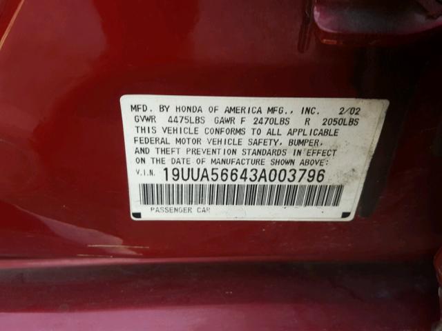 19UUA56643A003796 - 2003 ACURA 3.2TL BURGUNDY photo 10