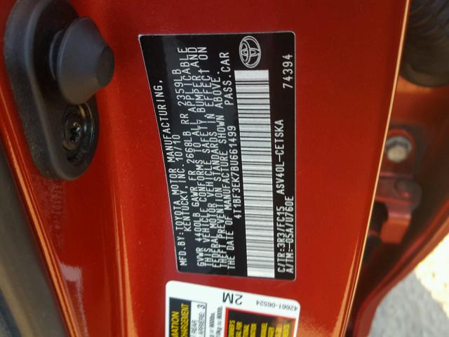 4T1BF3EK7BU661499 - 2011 TOYOTA CAMRY BASE RED photo 10