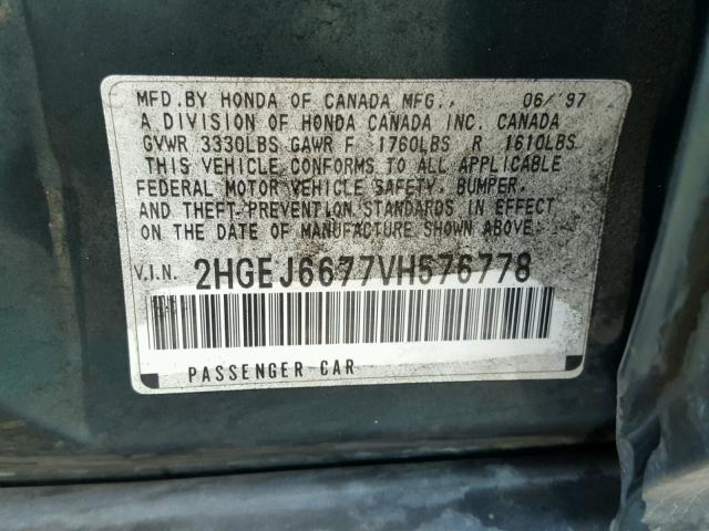 2HGEJ6677VH576778 - 1997 HONDA CIVIC LX GREEN photo 10