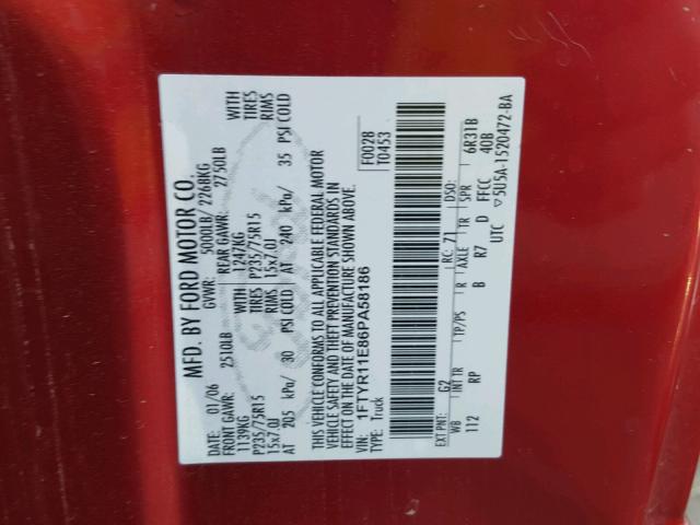 1FTYR11E86PA58186 - 2006 FORD RANGER RED photo 10