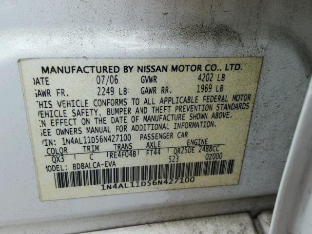 1N4AL11D56N427100 - 2006 NISSAN ALTIMA S WHITE photo 10