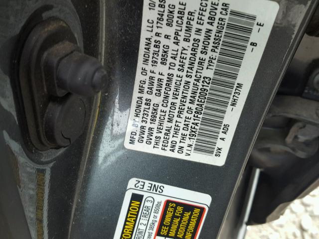 19XFA1F80AE009123 - 2010 HONDA CIVIC EX ნაცრისფერი ფოტო 10