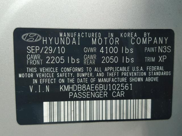 KMHDB8AE6BU102561 - 2011 HYUNDAI ELANTRA TO SILVER photo 10