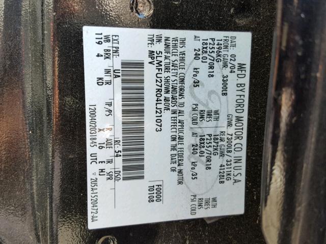 5LMFU27R04LJ21073 - 2004 LINCOLN NAVIGATOR 黑色 照片 10