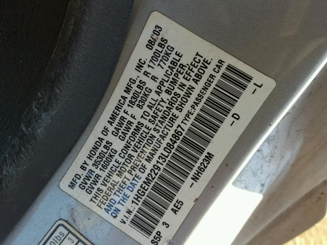 1HGEM22913L084867 - 2003 HONDA CIVIC EX SILVER photo 10