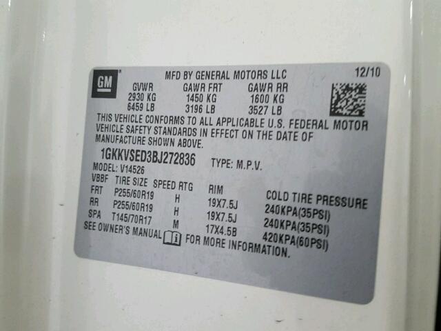 1GKKVSED3BJ272836 - 2011 GMC ACADIA SLT თეთრი ფოტო 10