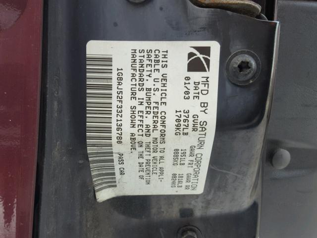 1G8AJ52F33Z136780 - 2003 SATURN ION LEVEL BURGUNDY photo 10