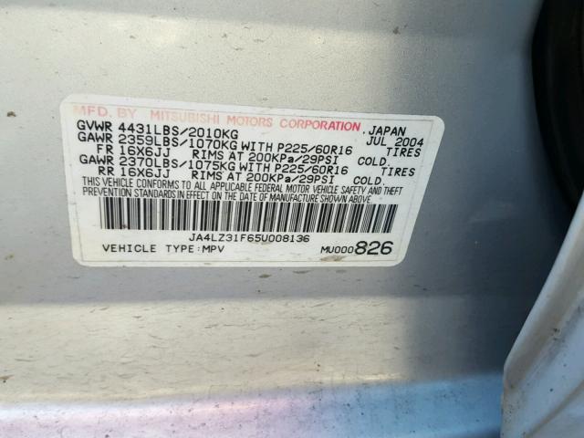 JA4LZ31F65U008136 - 2005 MITSUBISHI OUTLANDER SILVER photo 10