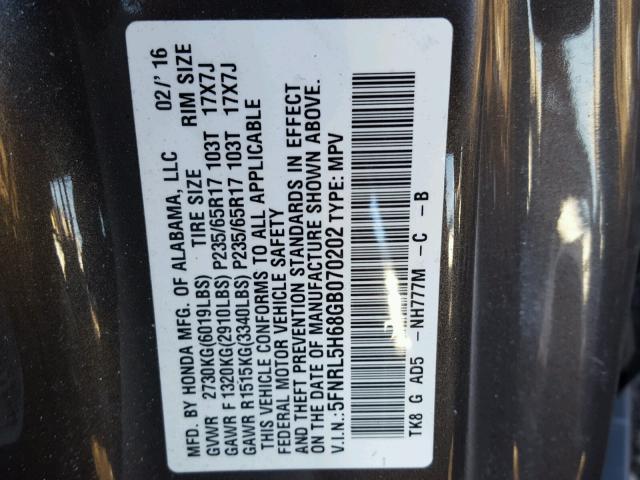 5FNRL5H68GB070202 - 2016 HONDA ODYSSEY EX GRAY photo 10