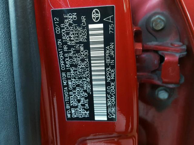 JTDBT4K33CL034130 - 2012 TOYOTA YARIS RED photo 10