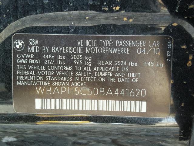 WBAPH5C50BA441620 - 2011 BMW 328 I SULE BLACK photo 10