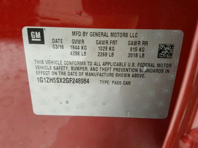 1G1ZH5SX2GF248984 - 2016 CHEVROLET MALIBU PRE RED photo 10