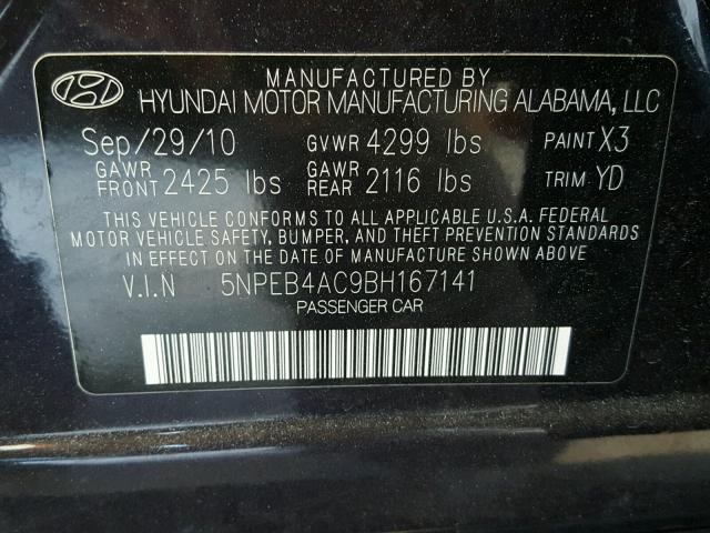 5NPEB4AC9BH167141 - 2011 HYUNDAI SONATA GLS BLACK photo 10