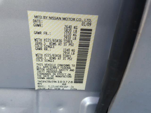 5N1BV28U39N103728 - 2009 NISSAN QUEST S SILVER photo 10