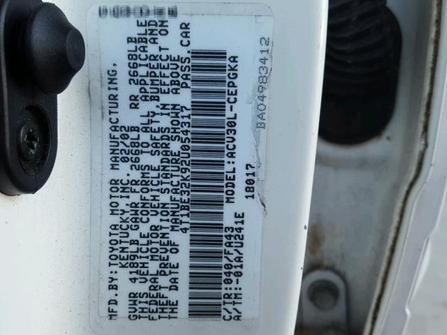 4T1BE32K92U054317 - 2002 TOYOTA CAMRY LE WHITE photo 10