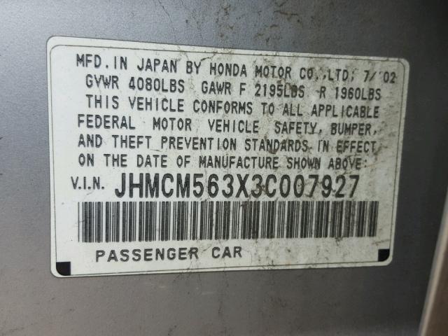 JHMCM563X3C007927 - 2003 HONDA ACCORD LX SILVER photo 10