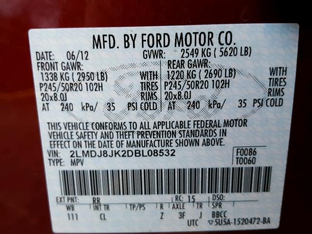 2LMDJ8JK2DBL08532 - 2013 LINCOLN MKX RED photo 10