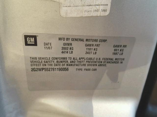 2G2WP552781190056 - 2008 PONTIAC GRAND PRIX SILVER photo 10