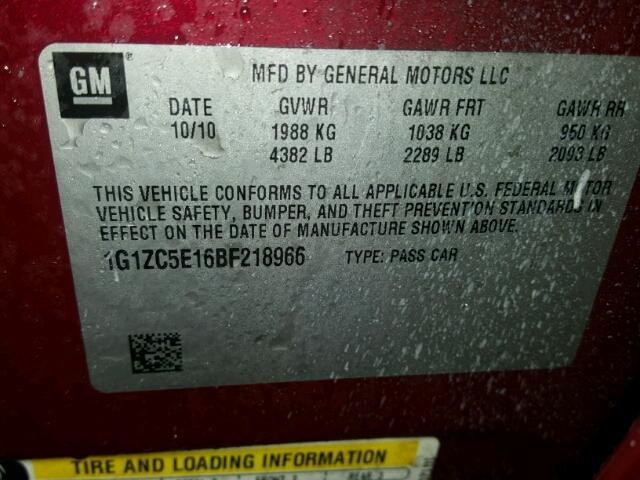 1G1ZC5E16BF218966 - 2011 CHEVROLET MALIBU 1LT 红色 照片 10