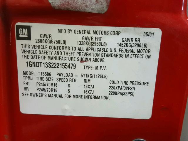 1GNDT13S222155479 - 2002 CHEVROLET TRAILBLAZE RED photo 10