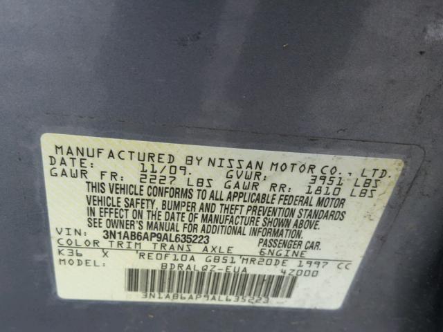 3N1AB6AP9AL635223 - 2010 NISSAN SENTRA 2.0 GRAY photo 10