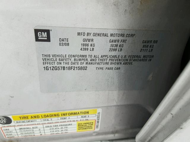 1G1ZG57B18F215802 - 2008 CHEVROLET MALIBU LS SILVER photo 10