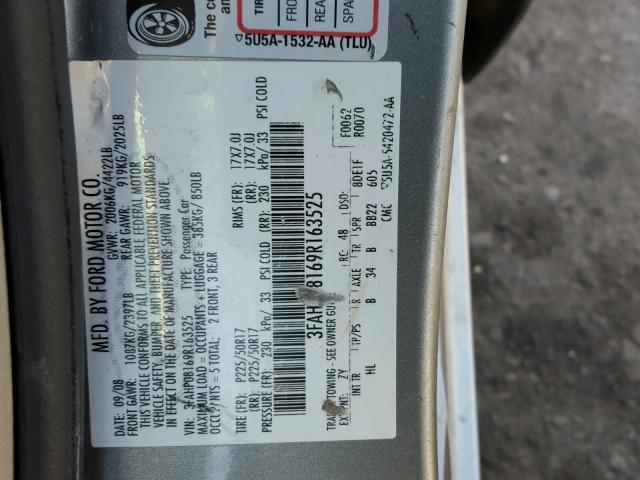 3FAHP08169R163525 - 2009 FORD FUSION SEL GRAY photo 10