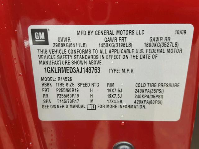 1GKLRMED3AJ148763 - 2010 GMC ACADIA SLT RED photo 10