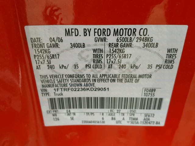 1FTRF02236KD29051 - 2006 FORD F150 RED photo 10