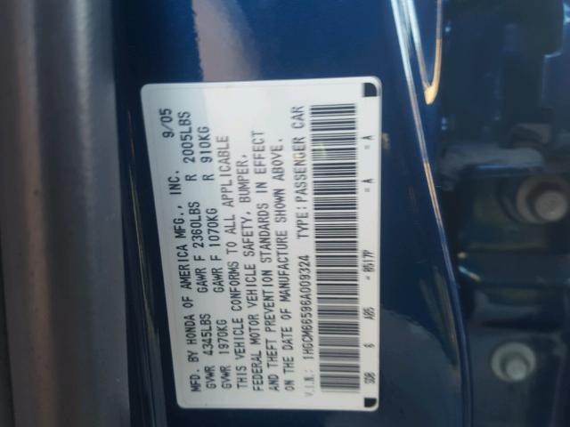 1HGCM66596A009324 - 2006 HONDA ACCORD EX BLUE photo 10