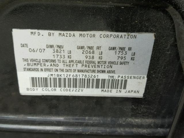 JM1BK12F681783261 - 2008 MAZDA 3 I BLACK photo 10