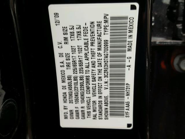 3CZRE3H37AG700999 - 2010 HONDA CR-V LX BLACK photo 10