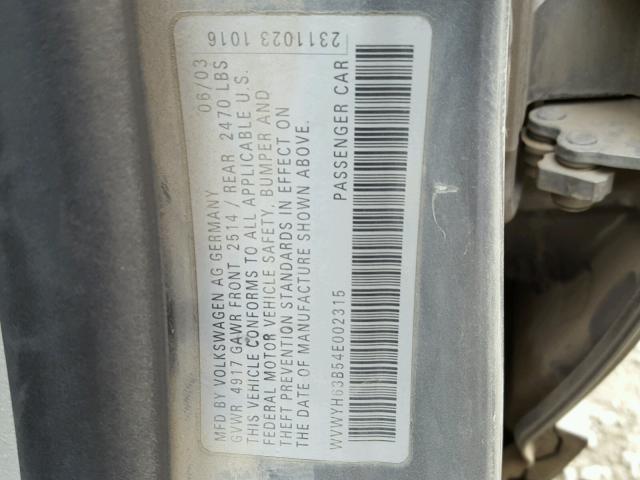 WVWYH63B54E002315 - 2004 VOLKSWAGEN PASSAT GLX SILVER photo 10