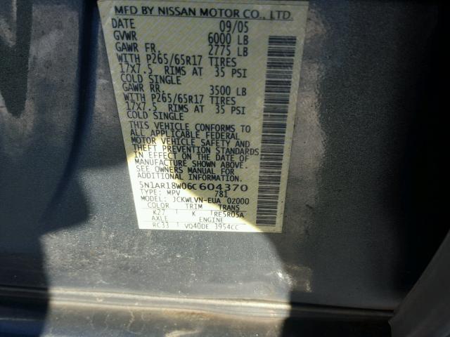 5N1AR18W06C604370 - 2006 NISSAN PATHFINDER GRAY photo 10