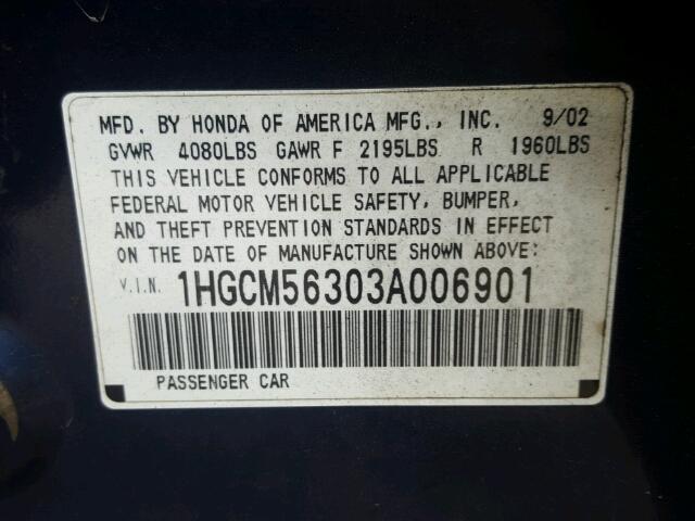 1HGCM56303A006901 - 2003 HONDA ACCORD LX BLUE photo 10