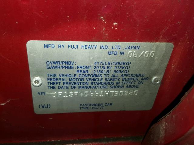 JF1SF65661H730320 - 2001 SUBARU FORESTER S RED photo 10