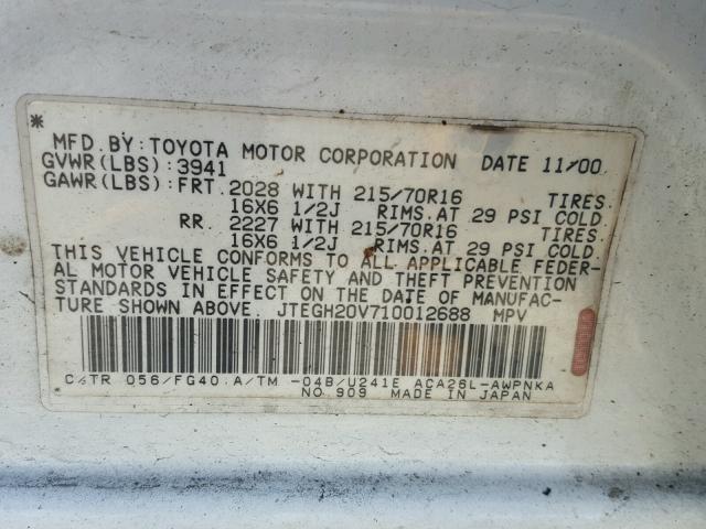 JTEGH20V710012688 - 2001 TOYOTA RAV4 WHITE photo 10