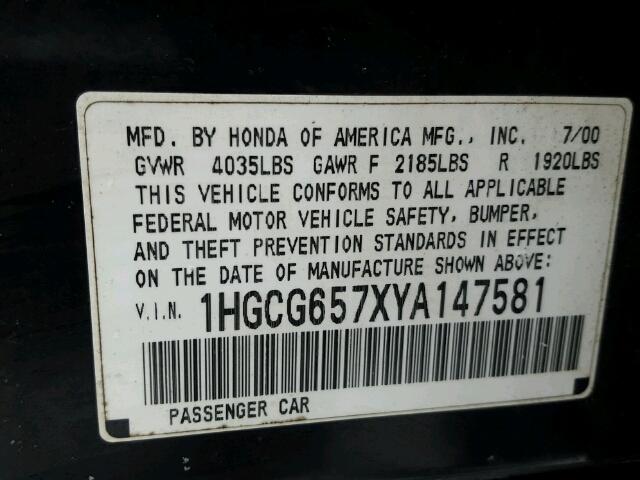 1HGCG657XYA147581 - 2000 HONDA ACCORD EX GREEN photo 10