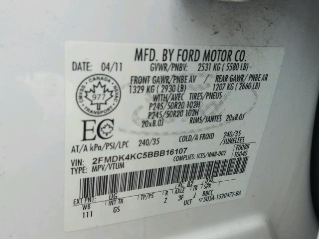 2FMDK4KC5BBB16107 - 2011 FORD EDGE LIMIT WHITE photo 10