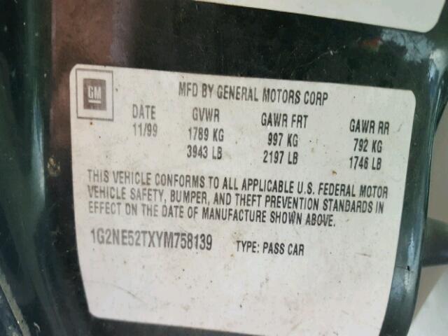 1G2NE52TXYM758139 - 2000 PONTIAC GRAND AM S მწვანე ფოტო 10