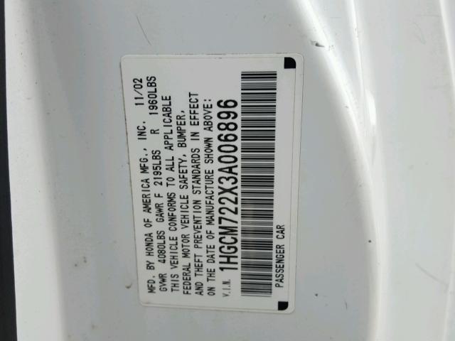 1HGCM722X3A006896 - 2003 HONDA ACCORD LX WHITE photo 10