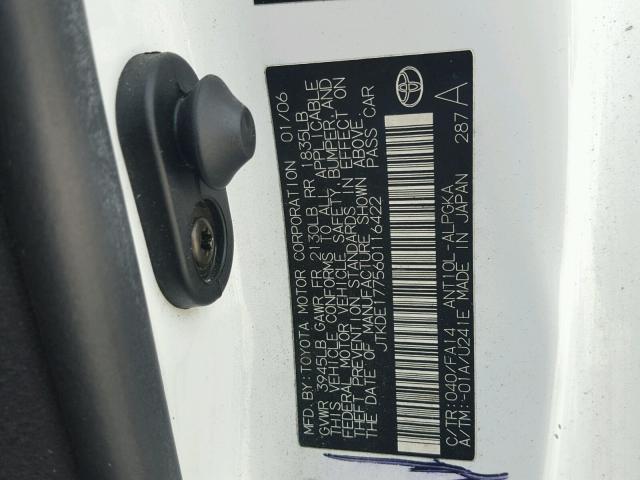 JTKDE177560116422 - 2006 TOYOTA SCION TC 白色 照片 10