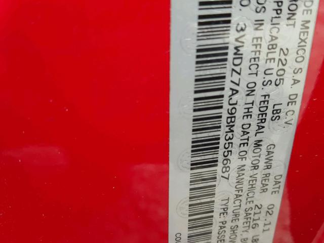 3VWDZ7AJ9BM355687 - 2011 VOLKSWAGEN JETTA SE 红色 照片 10