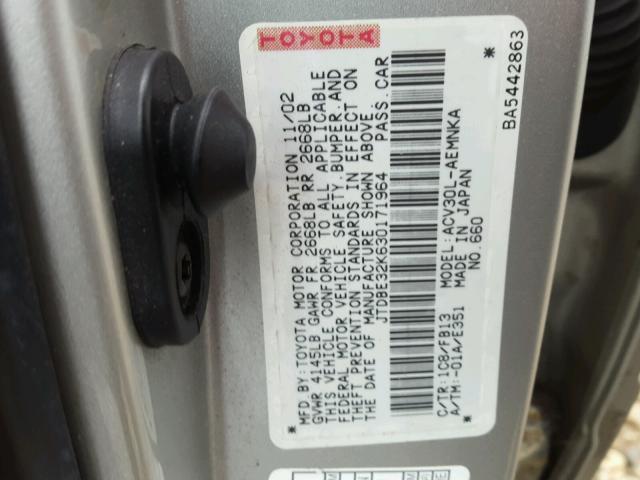 JTDBE32K630171964 - 2003 TOYOTA CAMRY LE SILVER photo 10